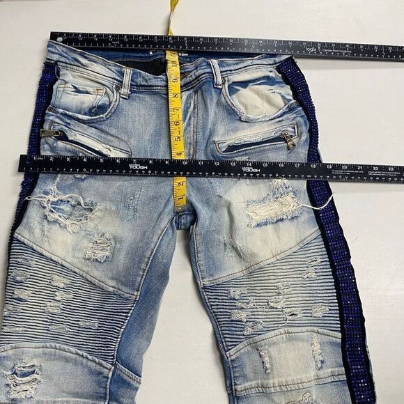 PREME Men’s Denim Moto Blue Side Stripe Distressed Destroyed Jeans Size 34X33 - Picture 8 of 11